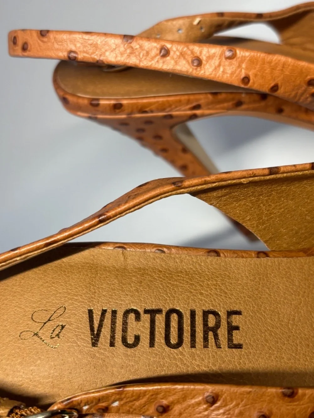 La Victoire Ostrich Embossed Leather Platform Slingback Heels Brown Size 6